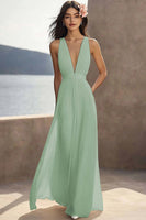 Load image into Gallery viewer, Chiffon Ivory Deep V-Neck Ruched Beach Maxi Engagement Dress