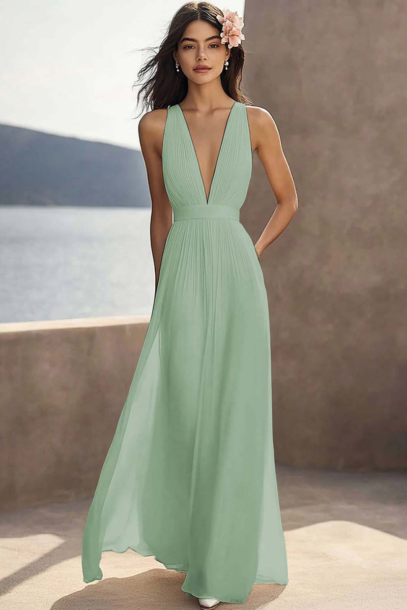 Load image into Gallery viewer, Chiffon Ivory Deep V-Neck Ruched Beach Maxi Engagement Dress