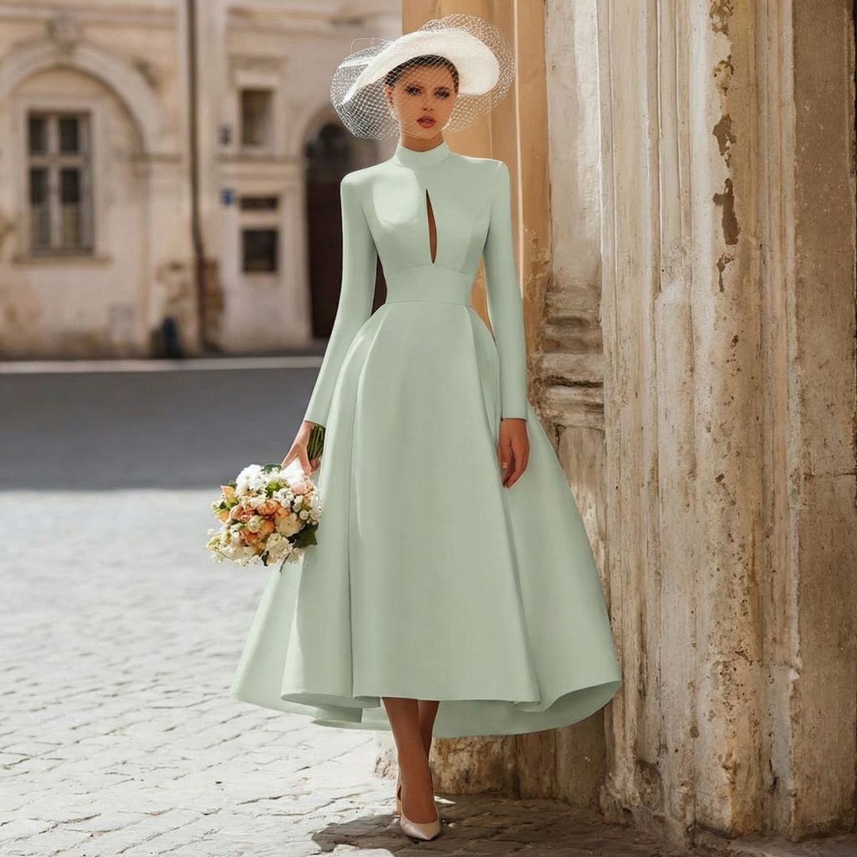 Load image into Gallery viewer, Vintage Ivory High Neck Keyhole A Line Long Wedding Dress with Sleeves