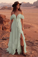 Load image into Gallery viewer, Ivory A Line Off the Shoulder Maxi Beach Wedding Dress with Ruffles