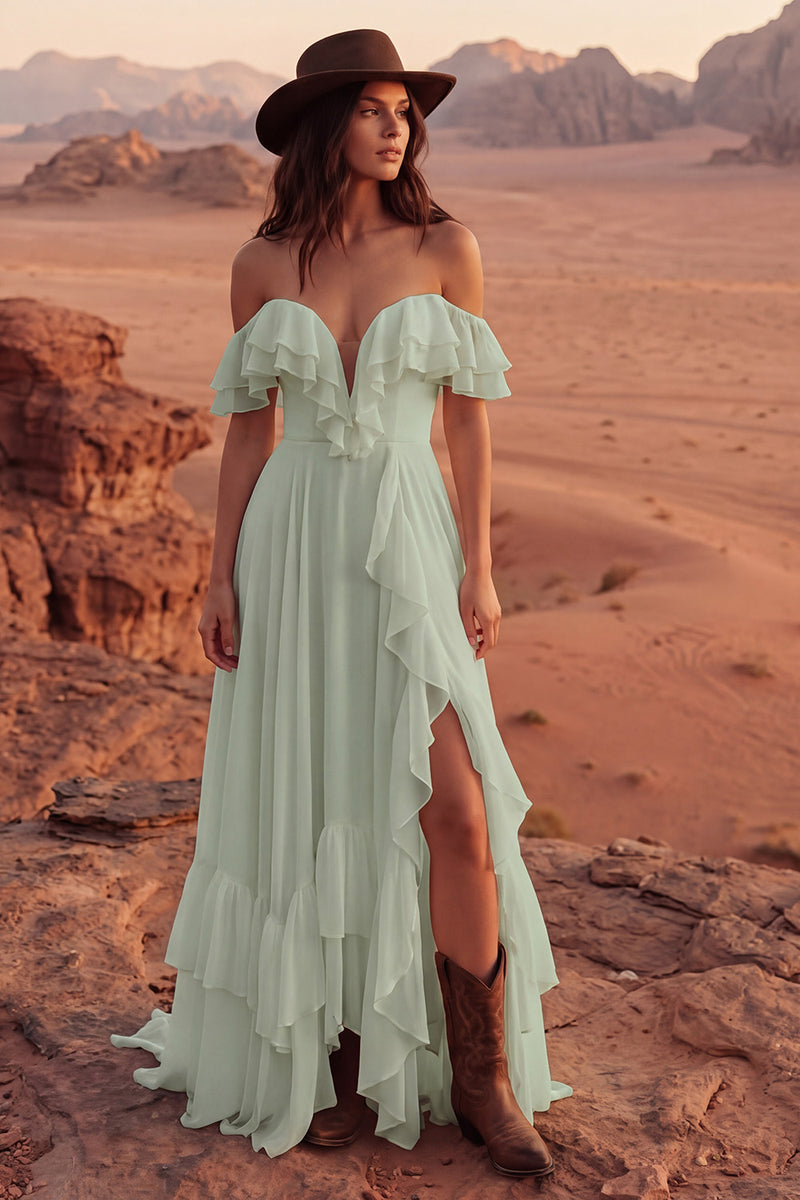 Load image into Gallery viewer, Ivory A Line Off the Shoulder Maxi Beach Wedding Dress with Ruffles
