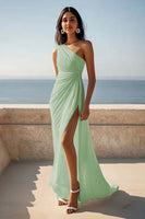 Load image into Gallery viewer, Chiffon One Shoulder Ruched Ivory Maxi Rehearsal Dinner Dress with Slit