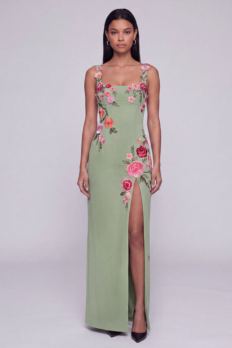 Load image into Gallery viewer, Square Neck Sheath Black Floral Beach Maxi Wedding Guest Dress with Slit