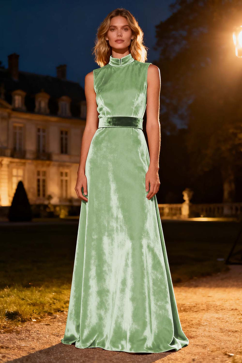 Load image into Gallery viewer, Pink Velvet High Neck Long Holiday Party Dress with Belt