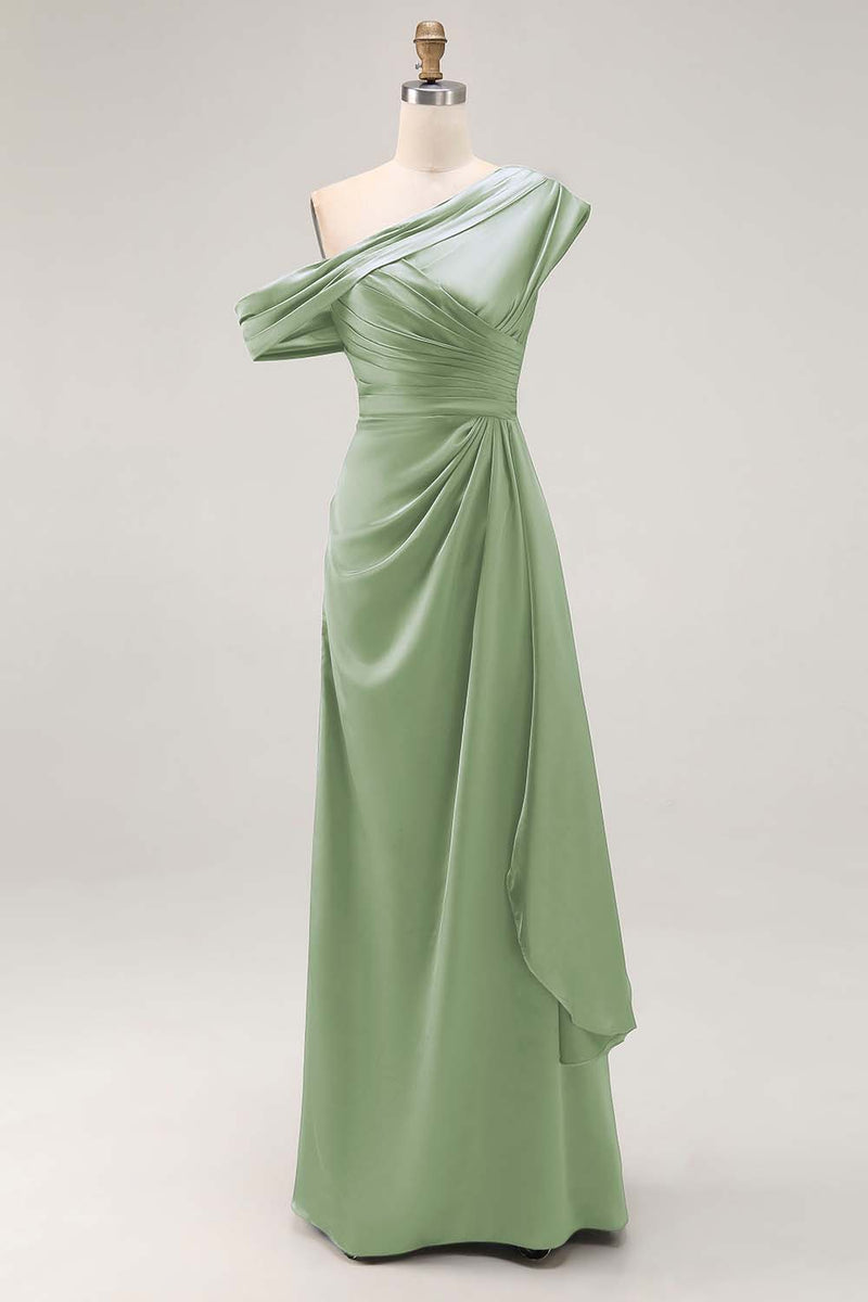 Load image into Gallery viewer, Grey Blue Satin Ruched Asymmetrical Mother of the Bride Dress