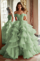 Load image into Gallery viewer, Pink Ball Gown Tulle Off the Shoulder Tiered Long Prom Dress