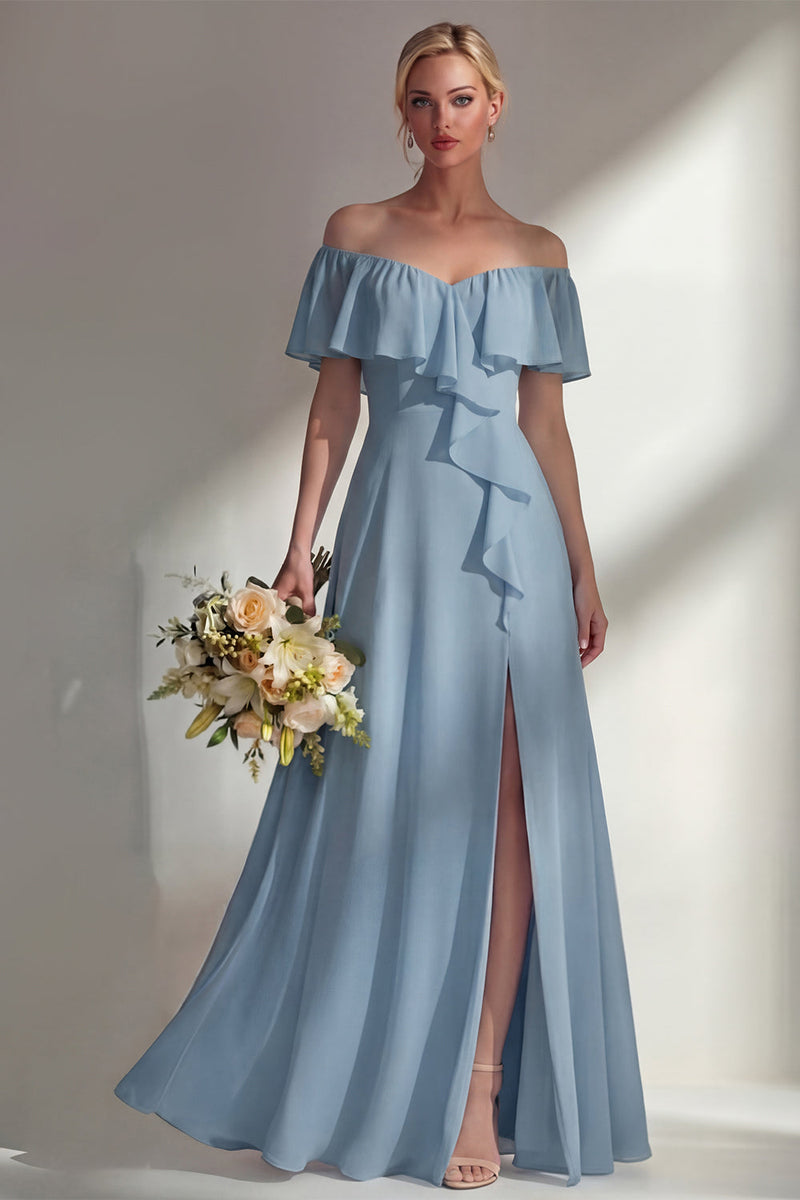 Load image into Gallery viewer, Off the Shoulder Ruffled A Line Burgundy Long Beach Wedding Guest Dress with Slit