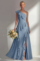Load image into Gallery viewer, Mint One shoulder Ruffled A Line Long Beach Wedding Guest Dress with Slit
