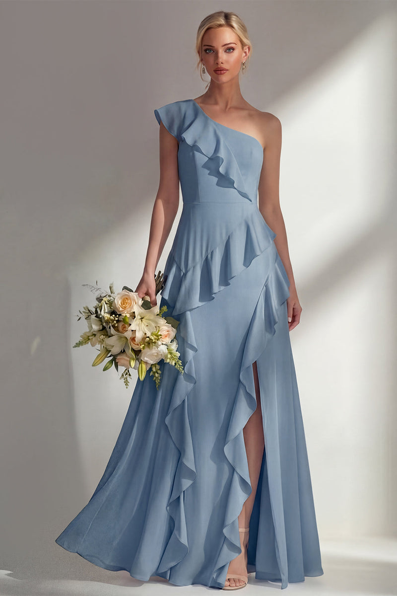 Load image into Gallery viewer, Mint One shoulder Ruffled A Line Long Beach Wedding Guest Dress with Slit