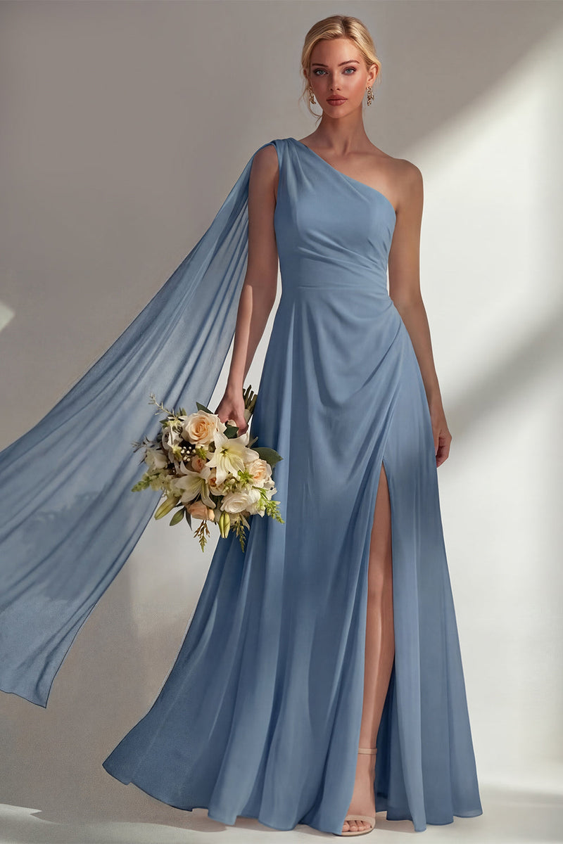Load image into Gallery viewer, Burgundy One Shoulder Ruched A Line Long Beach Wedding Guest Dress with Side Cape