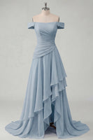 Load image into Gallery viewer, A Line Ruched Off the Shoulder Butter Yellow Ruffled Prom Dress with Slit