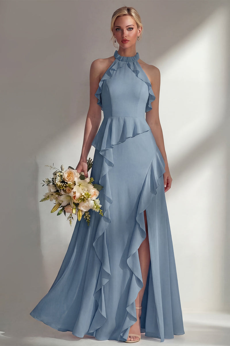 Load image into Gallery viewer, A Line High Neck Butter Yellow Ruffled Long Beach Wedding Guest Dress with Slit