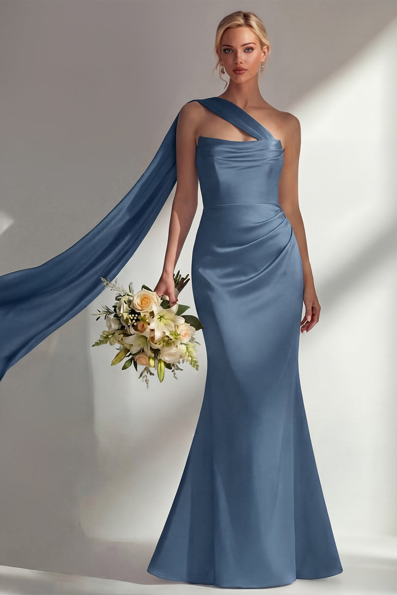 Load image into Gallery viewer, Burgundy Mermaid Neck Scarf Satin Ruched Long Prom Dress