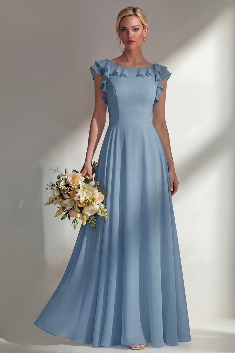 Load image into Gallery viewer, Emerald Boat Neck A Line Long Beach Wedding Guest Dress with Ruffles