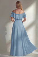 Load image into Gallery viewer, Off the Shoulder Ruffled A Line Burgundy Long Beach Wedding Guest Dress with Slit