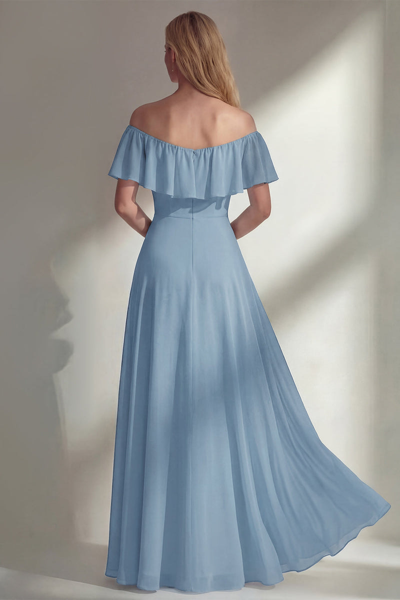 Load image into Gallery viewer, Off the Shoulder Ruffled A Line Burgundy Long Beach Wedding Guest Dress with Slit