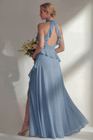 Load image into Gallery viewer, A Line High Neck Butter Yellow Ruffled Long Beach Wedding Guest Dress with Slit