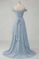 Load image into Gallery viewer, A Line Ruched Off the Shoulder Butter Yellow Ruffled Prom Dress with Slit