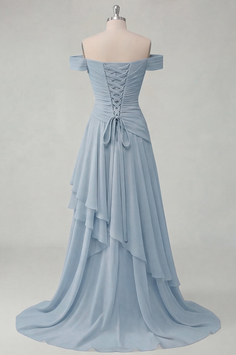 Load image into Gallery viewer, A Line Ruched Off the Shoulder Butter Yellow Ruffled Prom Dress with Slit