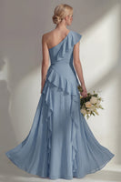 Load image into Gallery viewer, Mint One shoulder Ruffled A Line Long Beach Wedding Guest Dress with Slit