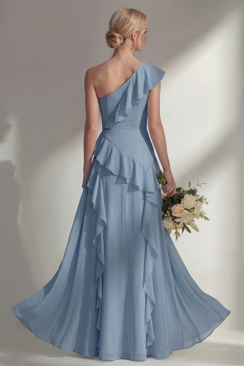 Load image into Gallery viewer, Mint One shoulder Ruffled A Line Long Beach Wedding Guest Dress with Slit