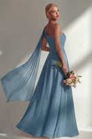 Load image into Gallery viewer, Burgundy One Shoulder Ruched A Line Long Beach Wedding Guest Dress with Side Cape