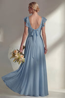 Load image into Gallery viewer, Emerald Boat Neck A Line Long Beach Wedding Guest Dress with Ruffles