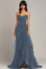 Load image into Gallery viewer, Women Dusty Blue Formal Dress Sheath Sweetheart Tiered Wedding Guest Dress Strapless Ruched Long Black Tie Dress