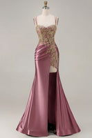 Load image into Gallery viewer, Sparkly Black Satin Floral Appliqued Long Corset Prom Dress with Slit