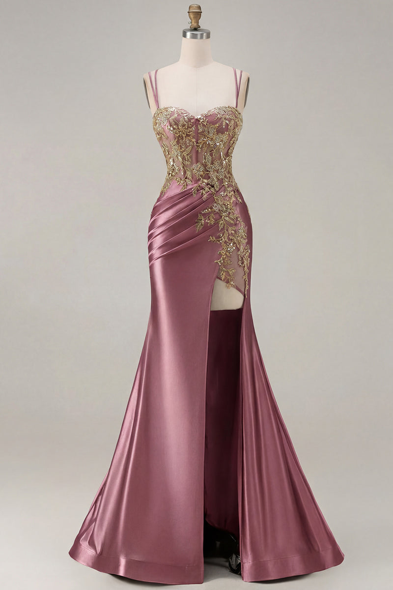 Load image into Gallery viewer, Sparkly Black Satin Floral Appliqued Long Corset Prom Dress with Slit