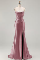Load image into Gallery viewer, Dark Green Strapless Satin Mermaid Long Corset Prom Dress with Slit