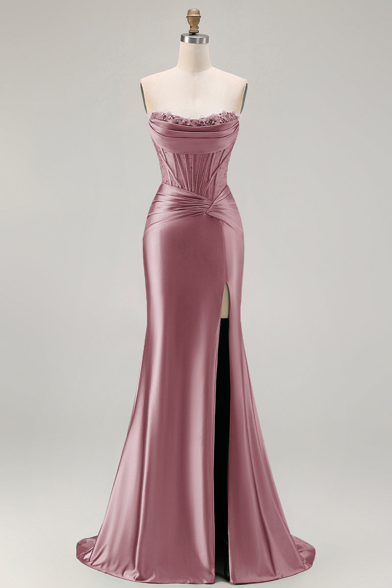 Load image into Gallery viewer, Dark Green Strapless Satin Mermaid Long Corset Prom Dress with Slit