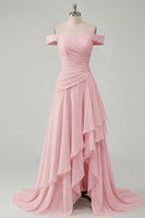 Load image into Gallery viewer, A Line Ruched Off the Shoulder Butter Yellow Ruffled Prom Dress with Slit