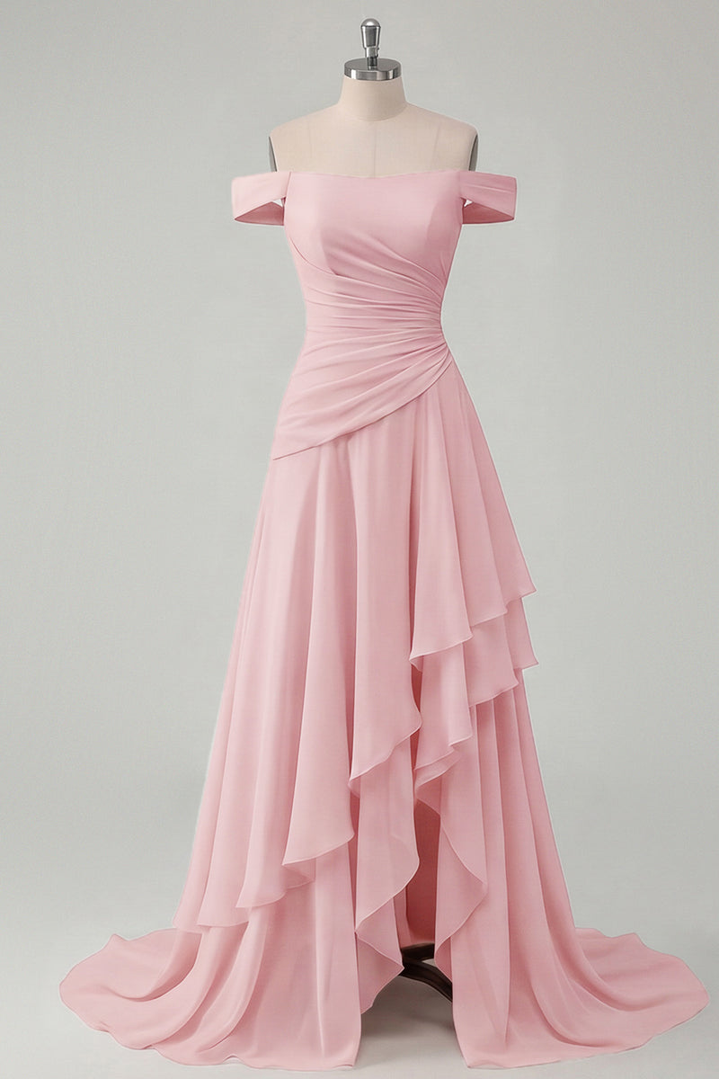 Load image into Gallery viewer, A Line Ruched Off the Shoulder Butter Yellow Ruffled Prom Dress with Slit