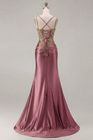 Load image into Gallery viewer, Sparkly Black Satin Floral Appliqued Long Corset Prom Dress with Slit