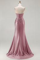Load image into Gallery viewer, Dark Green Strapless Satin Mermaid Long Corset Prom Dress with Slit