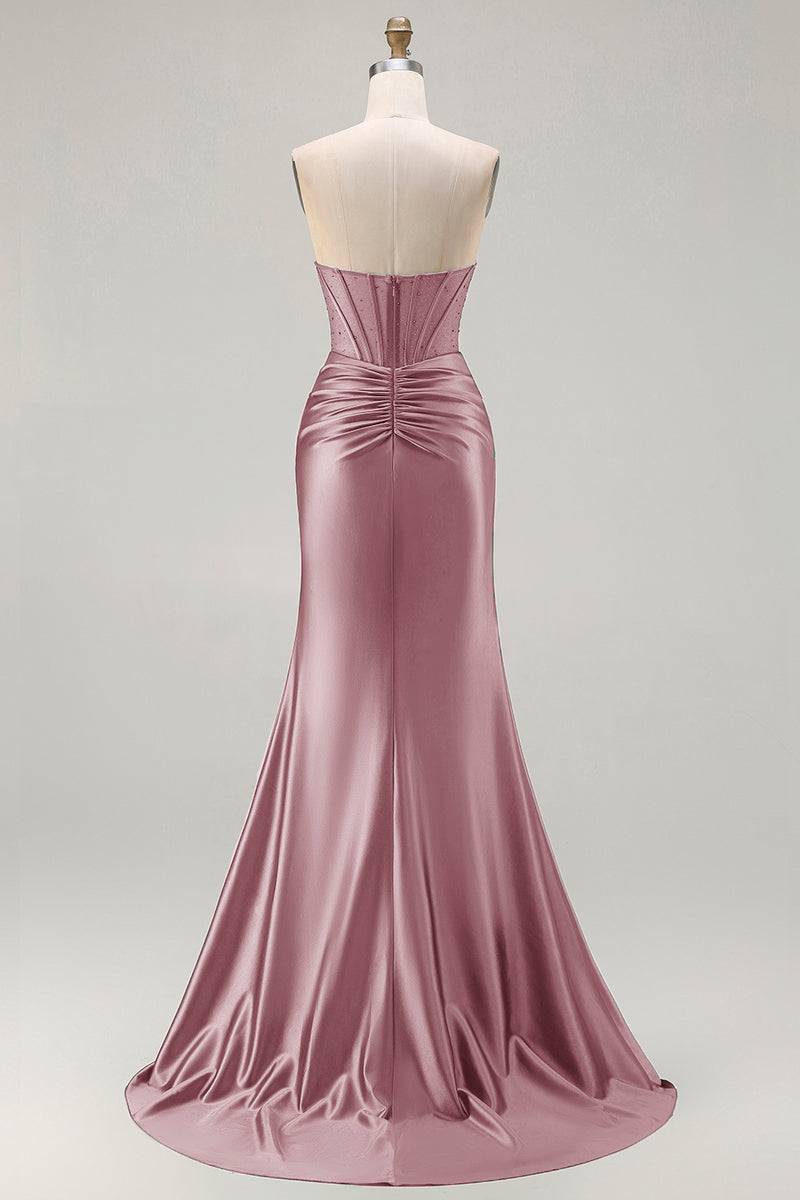 Load image into Gallery viewer, Dark Green Strapless Satin Mermaid Long Corset Prom Dress with Slit