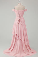 Load image into Gallery viewer, A Line Ruched Off the Shoulder Butter Yellow Ruffled Prom Dress with Slit