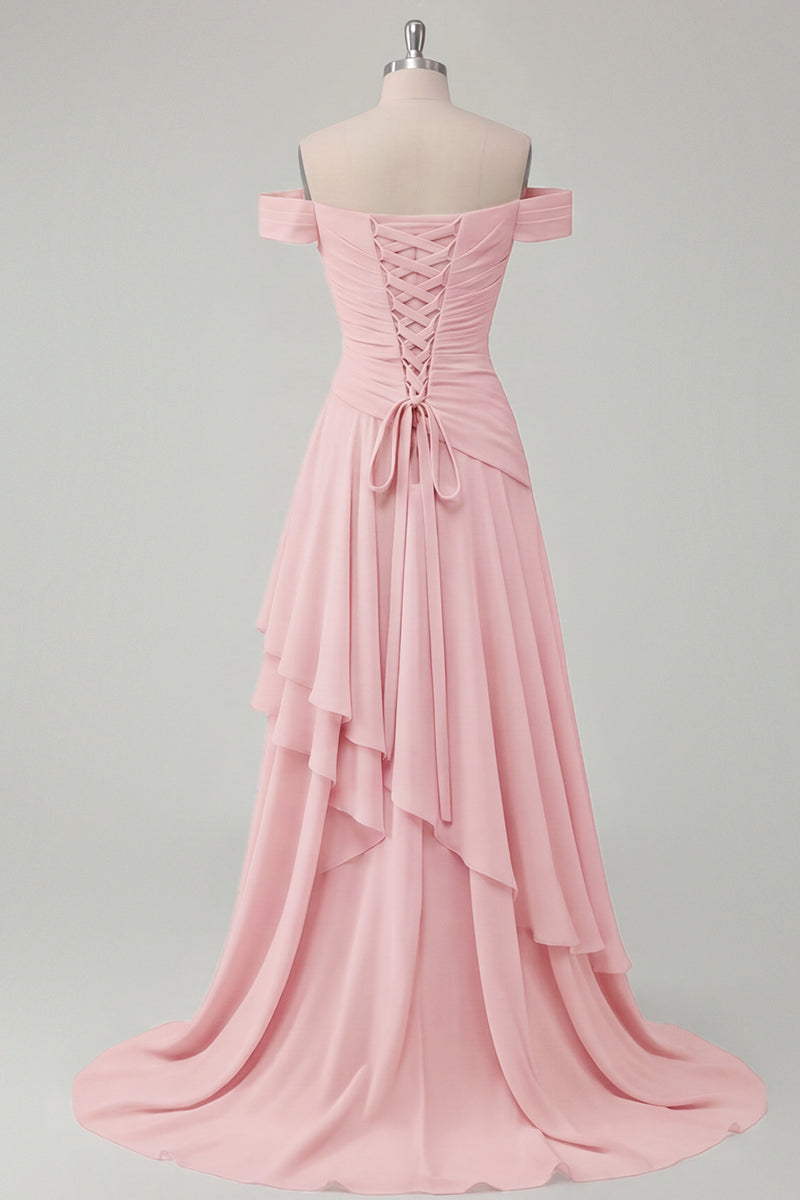Load image into Gallery viewer, A Line Ruched Off the Shoulder Butter Yellow Ruffled Prom Dress with Slit