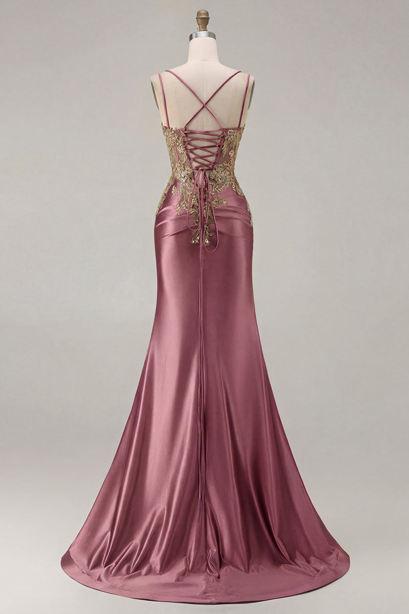 Load image into Gallery viewer, Sparkly Black Satin Floral Appliqued Long Corset Prom Dress with Slit