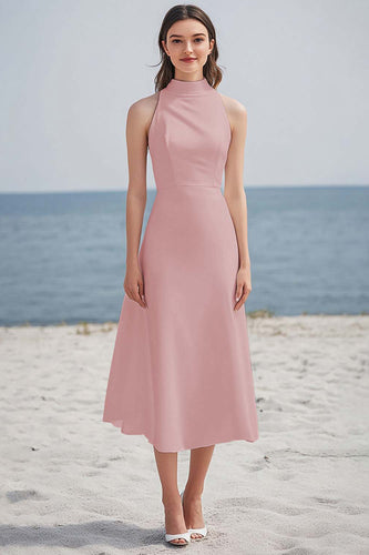 Dusty Rose High Neck Ruched Maxi Rehearsal Dinner Dress