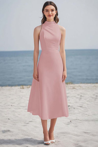 Dusty Rose High Neck Ruched Maxi Rehearsal Dinner Dress