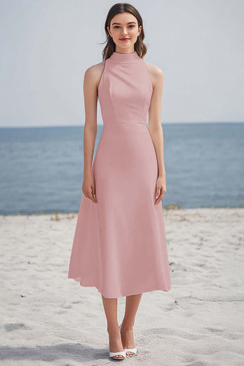 Dusty Rose High Neck Ruched Maxi Rehearsal Dinner Dress