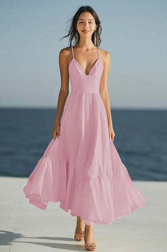 Simple Dusty Rose Spaghetti Straps Ruffled Boho Maxi Summer Dress