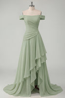 Load image into Gallery viewer, A Line Ruched Off the Shoulder Butter Yellow Ruffled Prom Dress with Slit
