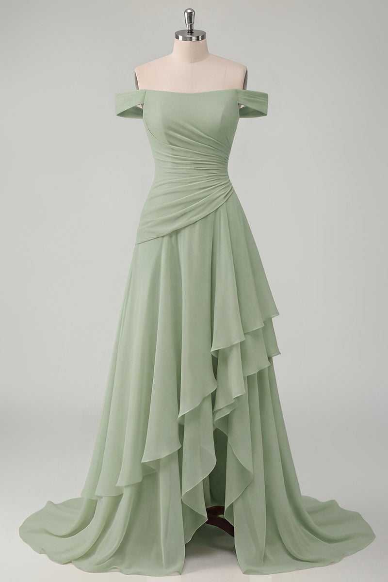 Load image into Gallery viewer, A Line Ruched Off the Shoulder Butter Yellow Ruffled Prom Dress with Slit