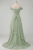 Load image into Gallery viewer, A Line Ruched Off the Shoulder Butter Yellow Ruffled Prom Dress with Slit