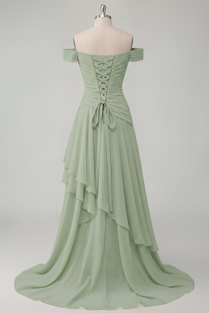 Load image into Gallery viewer, A Line Ruched Off the Shoulder Butter Yellow Ruffled Prom Dress with Slit