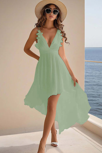 Dusty Rose A Line Chiffon High Low Boho Summer Dress with Ruffles