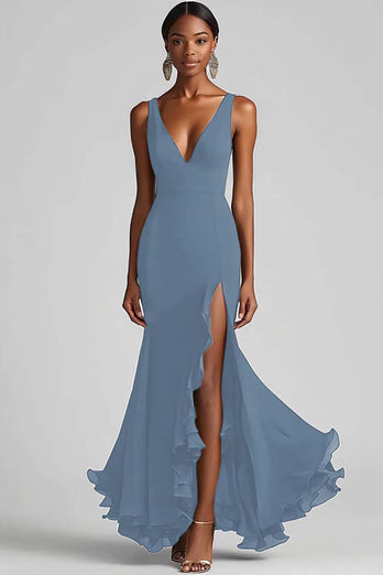 Black Chiffon Mermaid V Neck Long Formal Dress with Slit